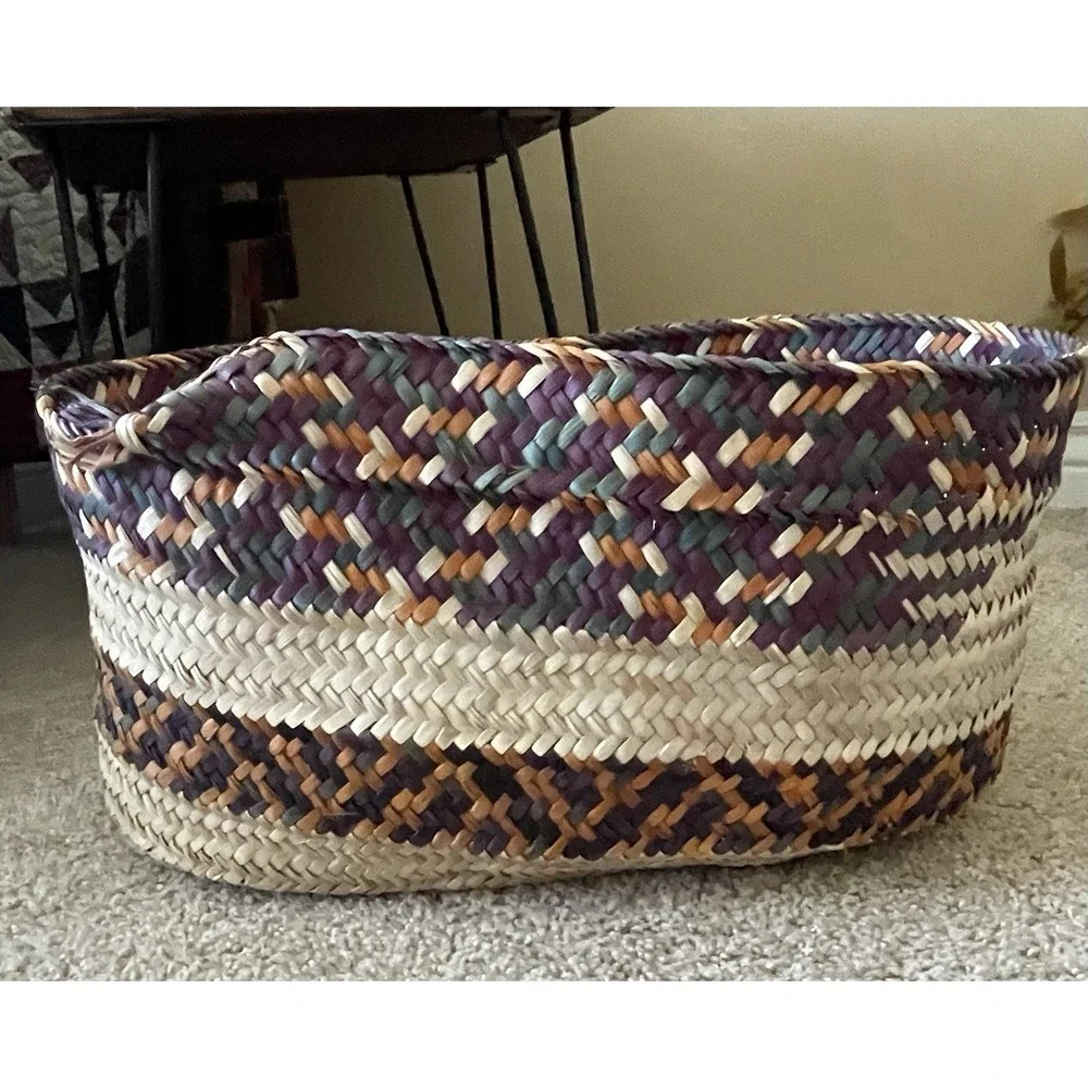 Boho Woven Baskets 2 Large Orange Purple Green Striped Open Storage Vtg Rattan